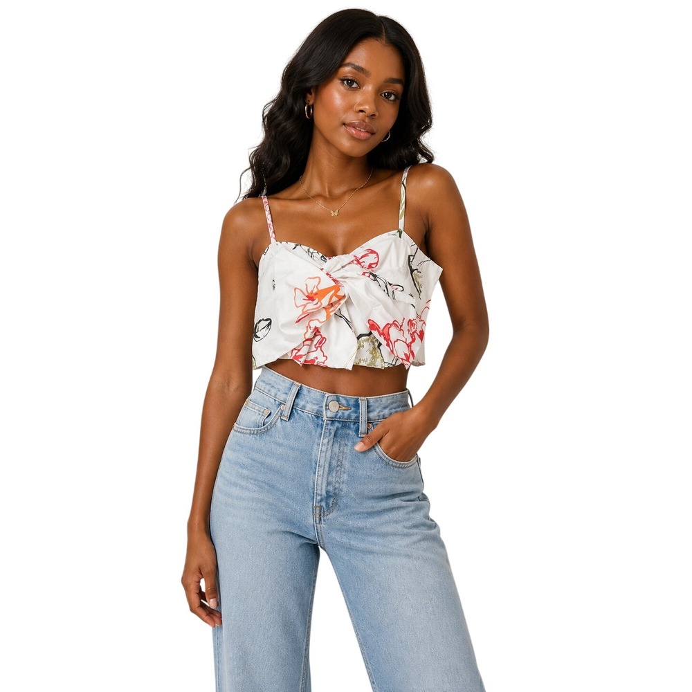 The Drop x SignedBlake Floral Twist Front Smocked‎ Crop Top White Red Medium